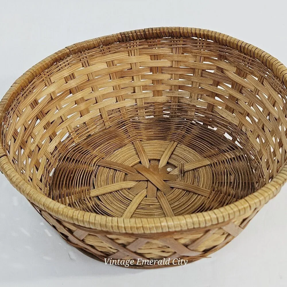 Vtg Round Open Woven Wicker Ratan Basket Catch All Bread Boho Decor MCM Handmade